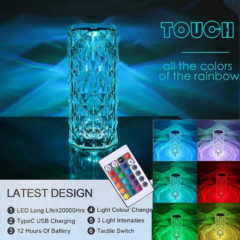 16 Colors Diamond Rose Crystal Touch Lamp Bedside Acrylic Usb Rechargeable Table Lamp – With Remote